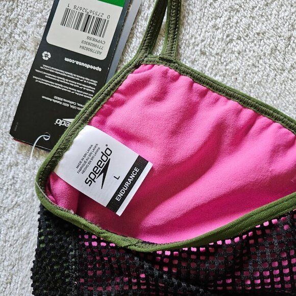 NWT SPEEDO Bikini Turnz Swim Top Swimsuit BLACK MESH CYPRESS GREEN size L Beach - Picture 7 of 7